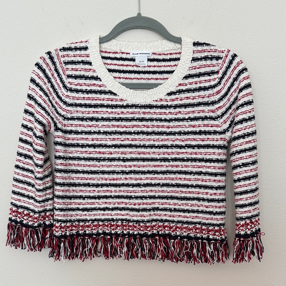 Club Monaco Knit Striped Fringe Cotton Top